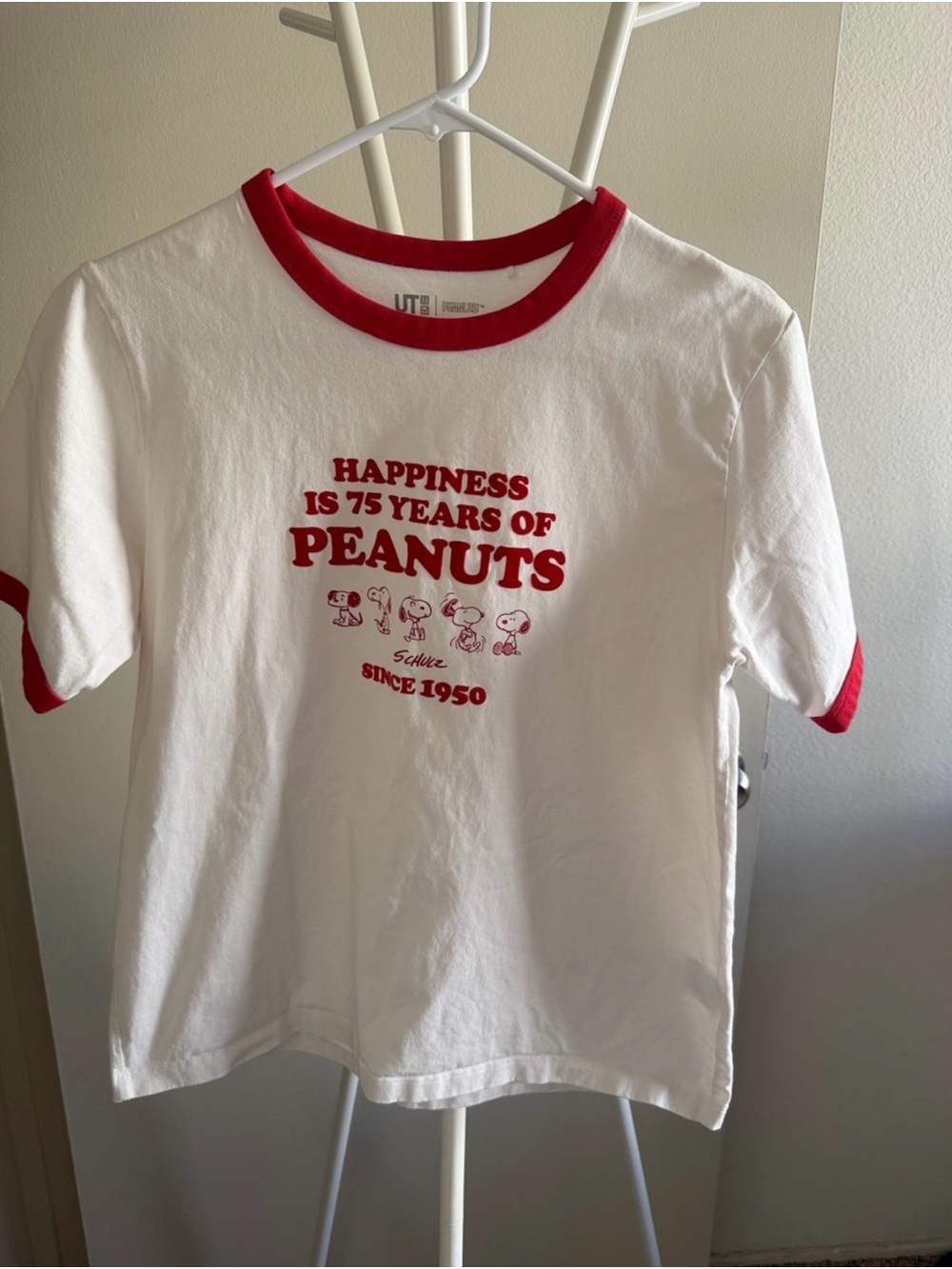 Uniqlo White Tee with Red Ringer Trim and Peanuts Graphic